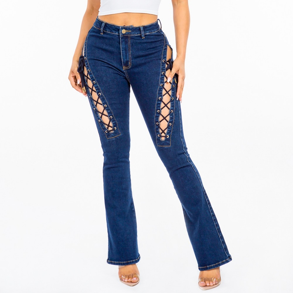High Rise Cut Out Lace Up Jeans